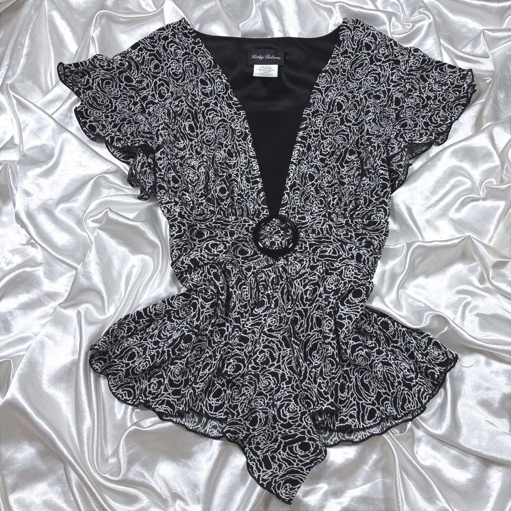 Vintage Kathy Roberts Blouse Black White Rose Floral V-Neck Ring Top Size 16